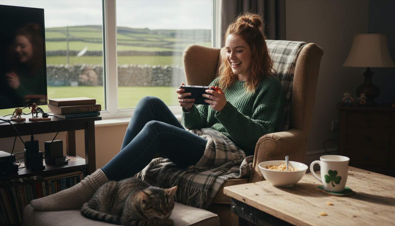 A welcoming image of a woman enjoying gaming in a casual Irish setting.