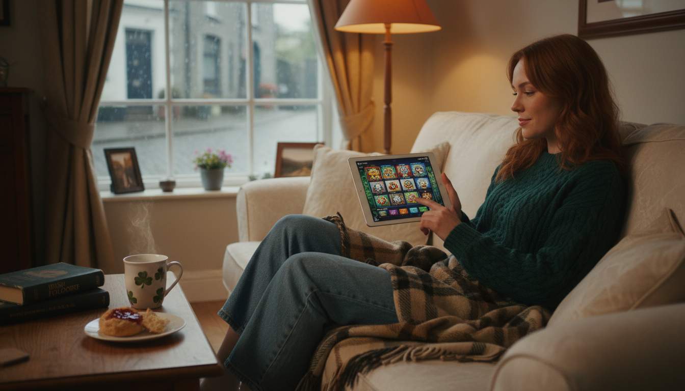 A woman exploring slot games on a tablet